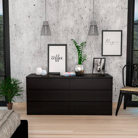 Furniture Seul Six Drawer Double Dresser, Superior Top - Black