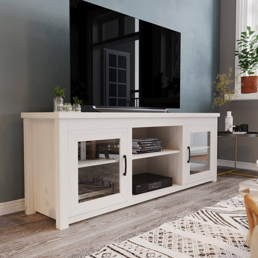 Furniture Sheffield Classic Tv Stand Up To 80" Tvs - Modern White Wash Finish With Full Glass Doors - 65" Engineered Wood Frame - 3 Shelves