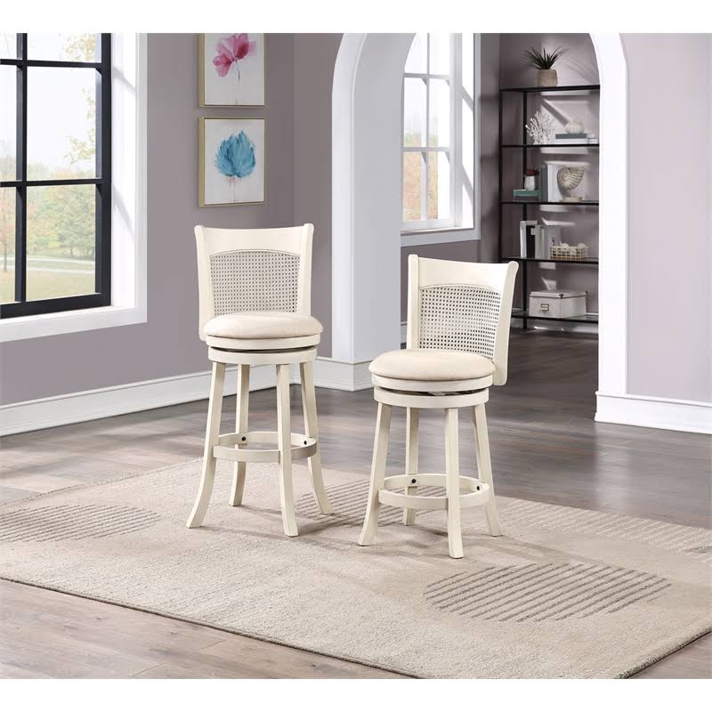 Furniture Rubber Wood 29" Cane Back Swivel Bar Stool In Antique White - D01955 Bs