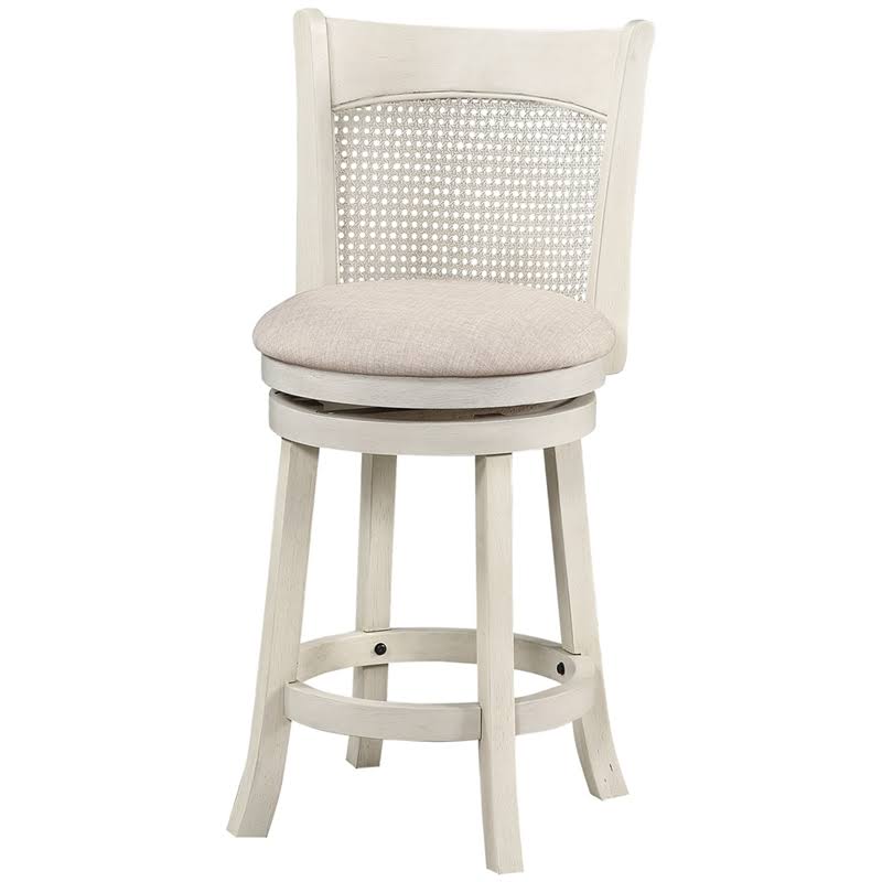 Furniture Rubber Wood 24" Cane Back Swivel Counter Stool In Antique White - D01955 Gc